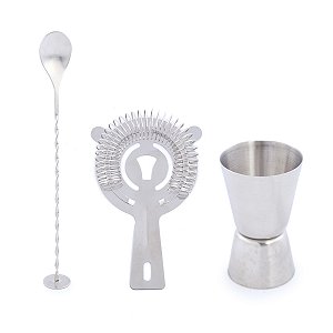 KIT COM 03 PEÇAS PARA DRINK EM ACO INOX PRATA