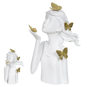ESCULTURA POLIRESINA MENINA BRANCO DOURADO 31X17,5X15,5cm