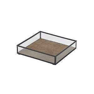 BANDEJA DECOR EM VIDRO METAL E COURO MARROM E PRETO - 15cm