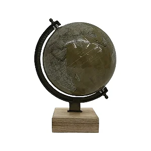 GLOBO TERRESTRE DECORATIVO METAL E MADEIRA MARROM