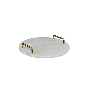 BANDEJA EM MARMORE E METAL BRANCO E DOURADO 30CM