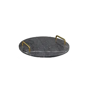 BANDEJA EM MARMORE E METAL PRETO E DOURADO 30CM