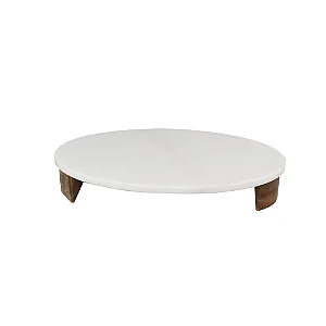BANDEJA EM MADEIRA E MARMORE BRANCO 20CM
