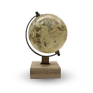 GLOBO TERRESTRE DECORATIVO METAL E MADEIRA MARROM/BEGE 19cm