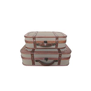 CJ MALETAS DE MADEIRA DECOR COM FIVELA E TECIDO CINZA 2PCS