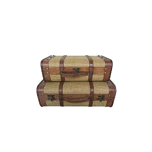 CJ MALETAS COM FIVELA DE MADEIRA NATURAL E TECIDO BEGE 2PCS