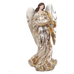 ESCULTURA ANJO DE RESINA DOURADO NATAL 42,5X19,5CM FLORARTE
