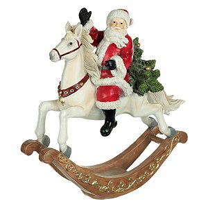 ESCULTURA PAPAI NOEL NO CAVALO DE BALAÇO RESINA FLORARTE