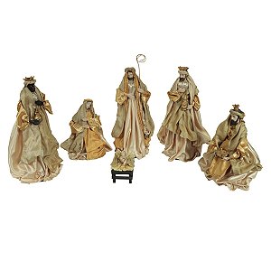 PRESEPIO NATALINO EM RESINA COM 6 PÇS DOURADO CHAMPANHE 40cm