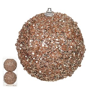 BOLA DECORADA NATAL NO PVC C/2 UND CHAMPANHE 10CM FLORARTE