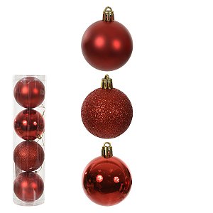 BOLAS VERMELHAS MISTAS NO TUBO C/4 UND 10CM FLORARTE