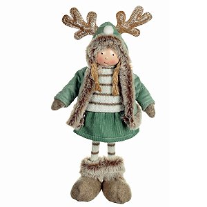 BONECA NATAL MENINA C CHAPEU EM PE VERD E MAR 34CM FLORARTE