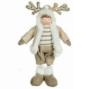 BONECO NATAL MENINO JOHN EM PE BEGE E MARROM 34CM FLORARTE