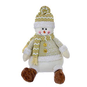 BONECO DE NEVE SENTADO DECORATIVO EM POLIESTER DOURADO E BRANCO
