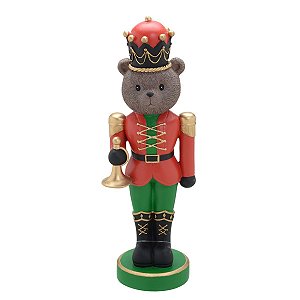 ESCULTURA URSO NATALINO DECOR EM RESINA COM CORNETA 32,5cm