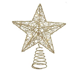 ESTRELA PONTEIRA DECORATIVA COM LED EM METAL DOURADO 24CM