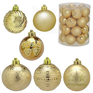 CONJ 26 BOLAS NATALINAS SORTIDAS DOURADO -6CM