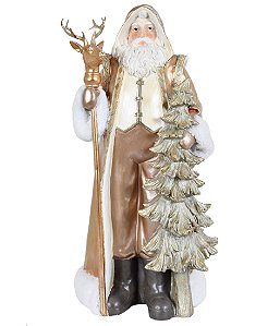 ESCULTURA PAPAI NOEL COM CAJADO DE RENA E ARVORE NEVADA 50CM