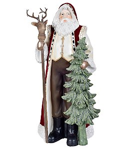 ESCULTURA PAPAI NOEL COM CAJADO DE RENA E ARVORE VERDE 50CM