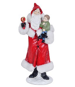 ESCULTURA PAPAI NOEL COM CRIANCA E CHOCALHO 30,5CM