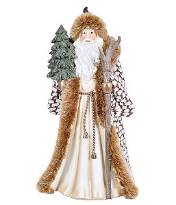 ESCULTURA PAPAI NOEL COM ARVORE E CAJADO DOURADO 42,5CM