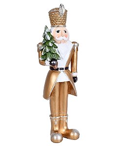 ESCULTURA QUEBRA NOZES NATAL COM ROUPA DOURADA E ARVORE 26CM