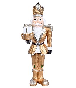 ESCULTURA QUEBRA NOZES NATAL ROUPA DOURADA E PRESENTES 26CM