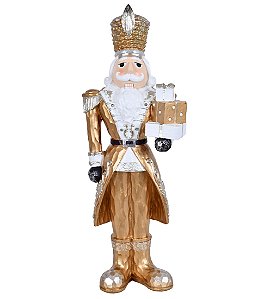 ESCULTURA QUEBRA NOZES NATAL ROUPA DOURADA E PRESENTES 47CM
