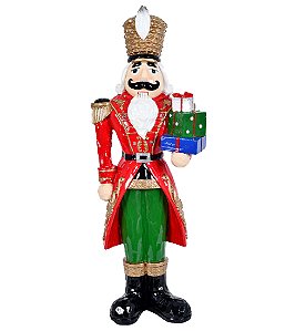 ESCULTURA QUEBRA NOZES NATAL ROUPA VERMELHA E PRESENTES 47CM