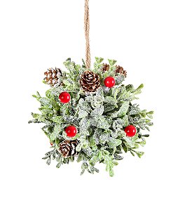 BOLA DE FOLHAS E BERRIES VERMELHAS COM PINHAS 13CM