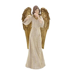 ESCULTURA ANJO TOCANDO FLAUTA  DECORATIVO EM RESINA 38CM