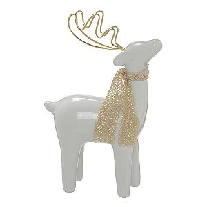 ESCULTURA RENA NATALINA EM PORCELANA BRANCO E DOURADO 12,5cm