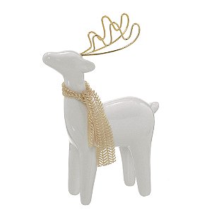 ESCULTURA RENA NATALINA EM PORCELANA BRANCO E DOURADO 17CM