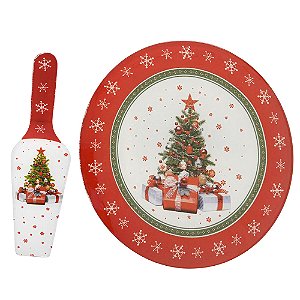 PRATO PARA BOLO EM VIDRO COM ESPATULA ARVORE DE NATAL 30cm