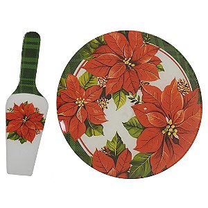 PRATO PARA BOLO EM VIDRO COM ESPATULA FLORES POINSENTIA 30CM
