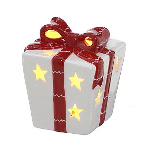 CAIXA NATALINA COM LUZ EM PORCELANA BRANCO E VERMEL 9,5cm