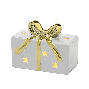 CAIXA PRESENTE NATALINA COM LUZ EM PORCELANA BR E DOUR