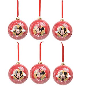 JOGO 6 BOLAS NATALINAS MICKEY E MINNIE MOUSE COM BENGALA 6CM