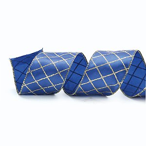 FITA ARAMADA NATALINA LOSANGOS AZUL E DOURADO 9,14CM