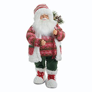 PAPAI NOEL DECORATIVO C/ SACO DE FOLHAS E BOTAS BRANCAS 65CM