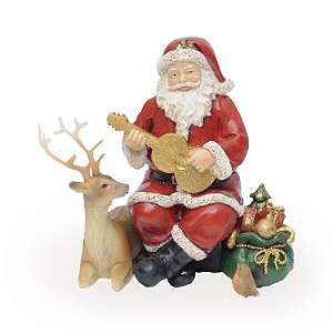 ESCULTURA PAPAI NOEL DECOR COM VIOLAO E RENA EM RESINA 36CM