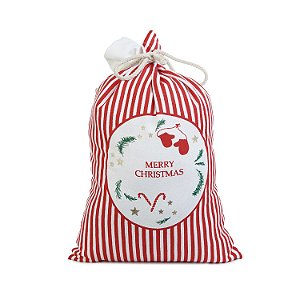 SACO NATALINO DECOR MERRY CHRISTMAS LISTRA E BENGALA  40CM