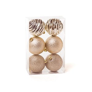 JG 6 BOLAS NATALINAS C\GLITTER TEXTURIZADA ONDAS NUDE 8CM