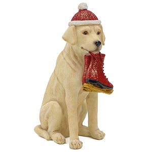 ESCULTURA CACHORRO CREME DECOR NATALINO C BOTA E GORRO 15CM