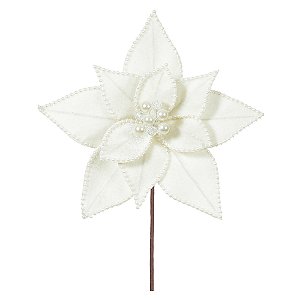 FLOR NATALINA AVELUDADO COM MINI PEROLAS OFF WHITE 24CM