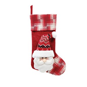 BOTA MEIA NATALINA PAPAI NOEL XADREZ VERMELHO E BRANCO 42CM