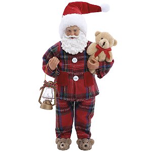 ESCULTURA NOEL COLECIONAVEL C/LANTERNA E URSO XADREZ 28CM