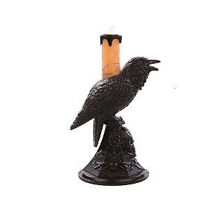 ENFEITE DECORATIVO CORVO COMPOSE COM VELA LED LARANJA 20cm