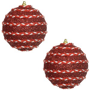 CJ 02 BOLAS NATALINAS DECORADAS PVC VERMELHO E BRANCO 10CM