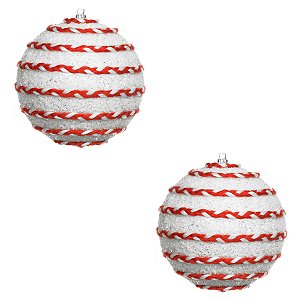 CJ 02 BOLAS NATALINAS DECORADAS PVC BRANCO E VERMELHO 10CM